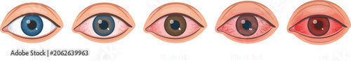 Set of human eye illustrations showing progressive stages of redness and inflammation from normal to severe irritation