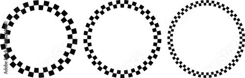 round frames with black and white checkered. Geometric warped grid rings. ircular geometric frameworks.  Circle checker frames
