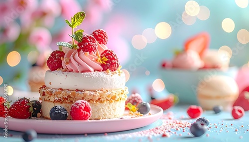 Delicious dessert with berries on plate.