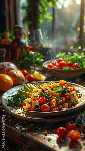 Delicious homemade pasta salad with vegetables.
