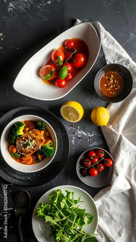 Delicious healthy food on table setting.