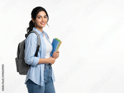 indian female college student with notebooks and backpack for higher education academic success and admissions concept