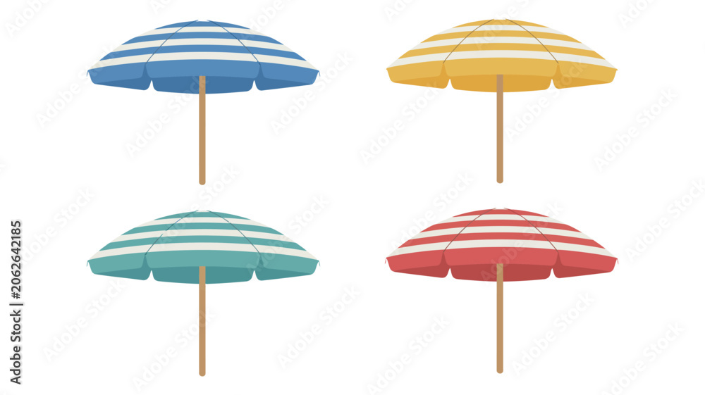 Obraz premium Beach umbrellas, four striped seaside parasols isolated on white background, summer vacation accessory for coastal travel design.