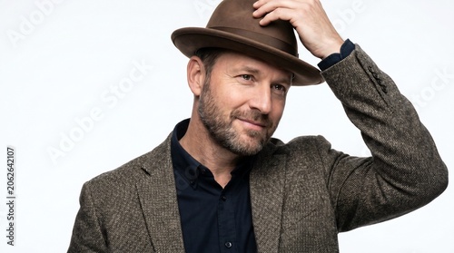 Stylish man wearing a brown fedora hat and tweed blazer posing against white background