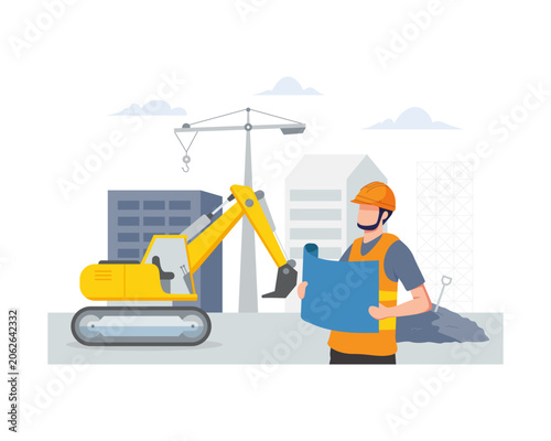 Construction Worker with Blueprint and Excavator