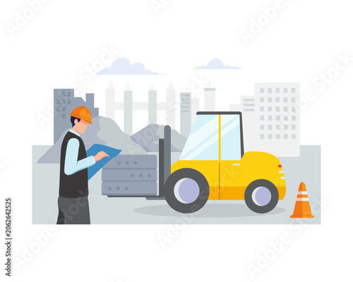 Worker Inspecting Cargo with Forklift