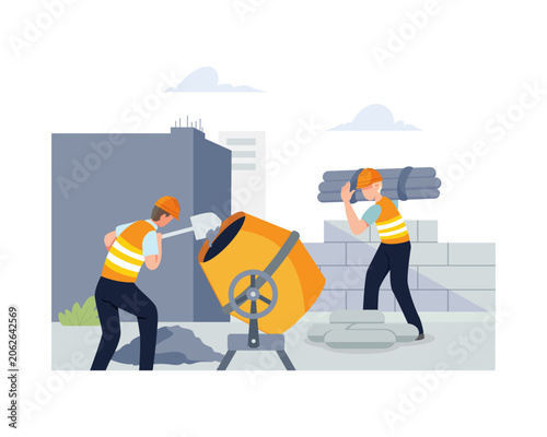 Builders Working with Cement Mixer