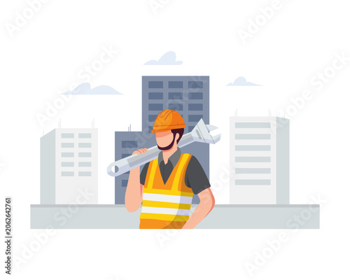 Construction Worker Holding Giant Wrench
