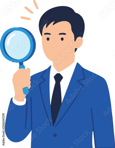 Man Holding Magnifying Glass, Flat Vector Illustration