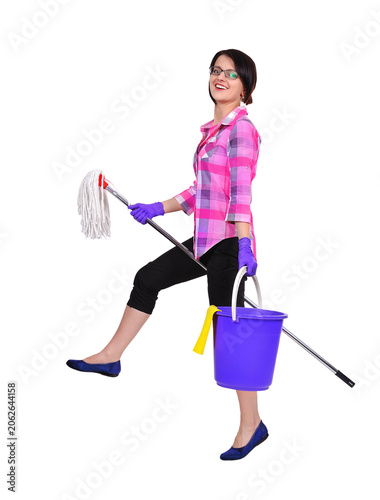 Woman cleaner holding mop and bucket.