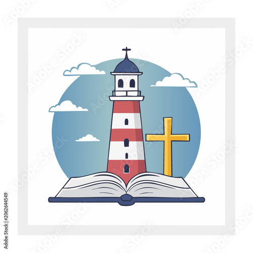 Christian lighthouse with open book and cross illustration