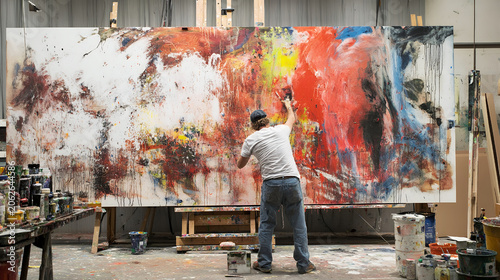 Young adult man creating a large, vibrant, expressive abstract painting in his art studio