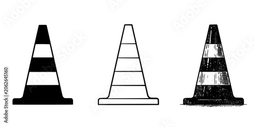 Tableau sur toile Traffic Cone Set with Three Different Illustration Styles: Solid Silhouette, Out