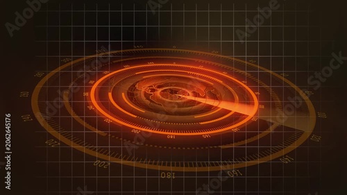 Orange Radar Display with Earth Globe and Compass Rose Overlay screen world.Modern orange radar interface scanning across a tech-style grid with glowing beam animation.