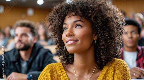 Attentive young adult Black woman with curly hair smiling and listening to a lecture in a university auditorium