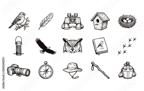 Konstfotografi Hand drawn birdwatching and ornithology exploration doodle sketch collection for