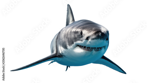 Great white shark with open mouth and visible teeth swimming forward