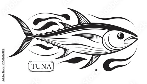 Foto Very beautiful black-and-white engraved vector illustration featuring TUNA glidi