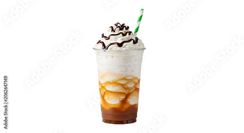 Iced coffee drink with whipped cream and straw on transparent background beverage frappe mocha latte cappuccino