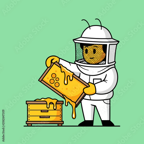 Beekeeper in protective suit harvesting fresh honey from a beehive frame.