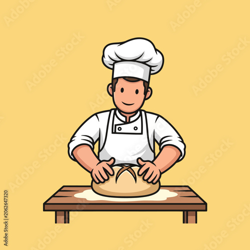 Cartoon Baker Kneading Dough on a Wooden Table.