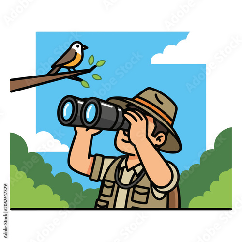 Birdwatcher observing a bird through binoculars.