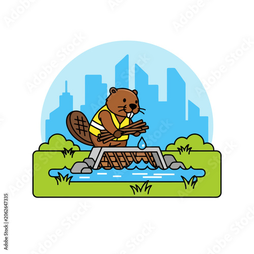 Cartoon beaver building a dam in a river.