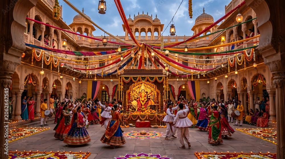 Fototapeta premium Large group performing Garba dance in palace courtyard