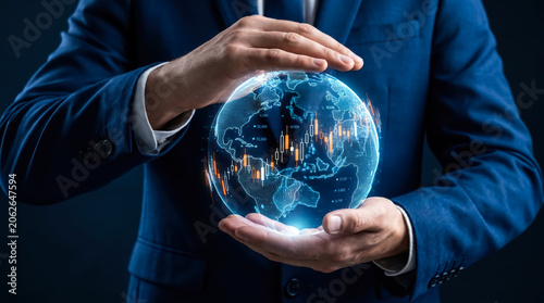 Businessman holding a digital globe with stock market financial trading charts and data analysis on dark background