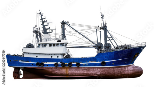 Картината върху платно Blue and white fishing trawler with cranes and winches