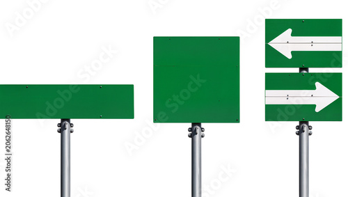 Photos Green directional and blank signs on metal poles