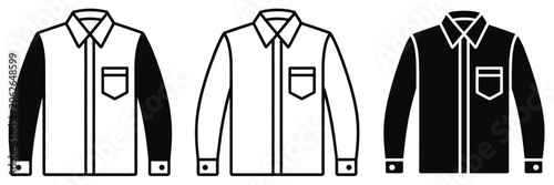 Shirts, stylish long sleeve apparel with collars and pockets in black and white icon style for fashion design concepts.