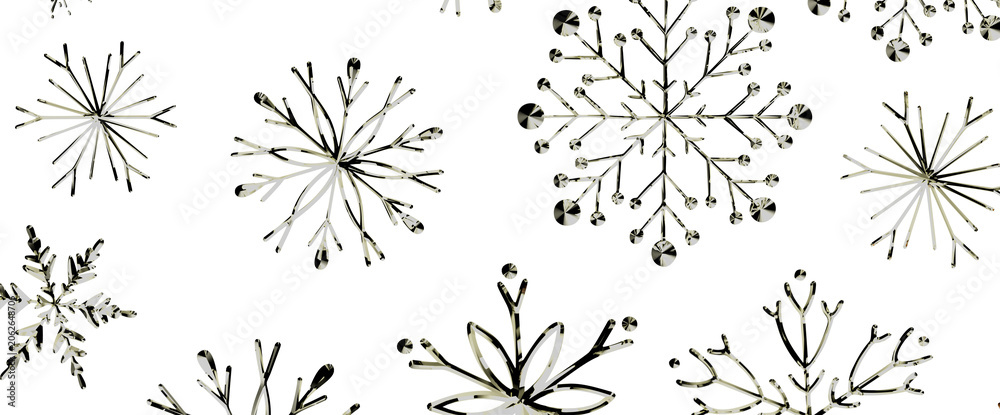 Obraz premium Abstract metallic snowflakes on a clean white background, perfect for winter themes