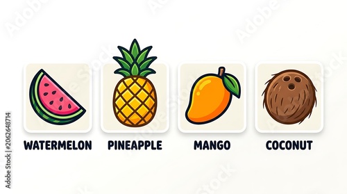 Colorful tropical fruits illustration set watermelon pineapple mango coconut.