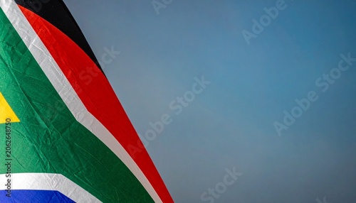 South Africa flag waves with vibrant colors, radiating resilience, clarity, and unity; a vivid emblem of diversity, freedom, and transformation within nationhood.
