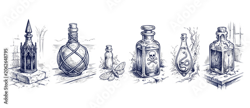 Quadro su tela Vintage potion bottles engraving illustration of poison and magic elixirs