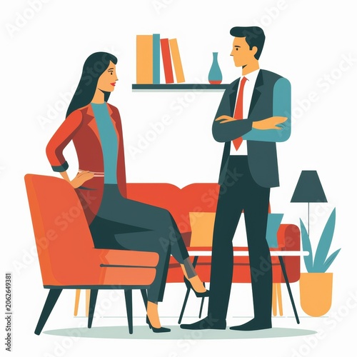 Couple discussing in living room with sofa, bookshelf, and indoor plants in a modern setting during daytime