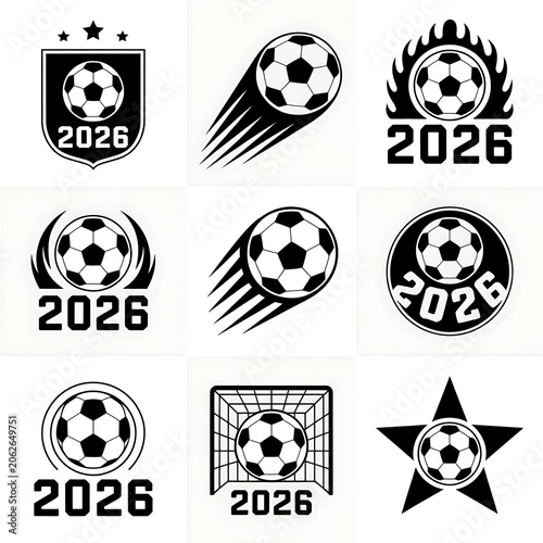 Set of black and white soccer ball icons with 2026 year for football tournament isolated on white background