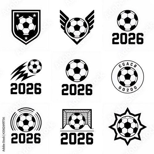 Set of black and white soccer ball icons and logos for 2026 tournament isolated on white background