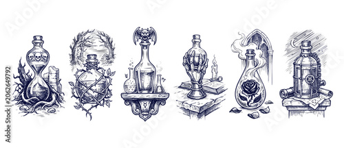 Fotografía Gothic magic potion bottles set illustrating mystical alchemy elixirs, spooky witchcraft jars, skull hourglass, gargoyle, skeletal hand, and black rose details in vintage sketch engraving art formats