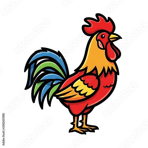 Vibrant rooster with colorful plumage standing proudly.
