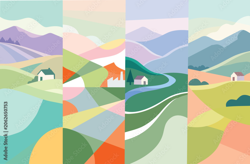 Obraz premium Set of four abstract landscape illustrations with rolling hills, mountains, and small houses in a flat minimalist style