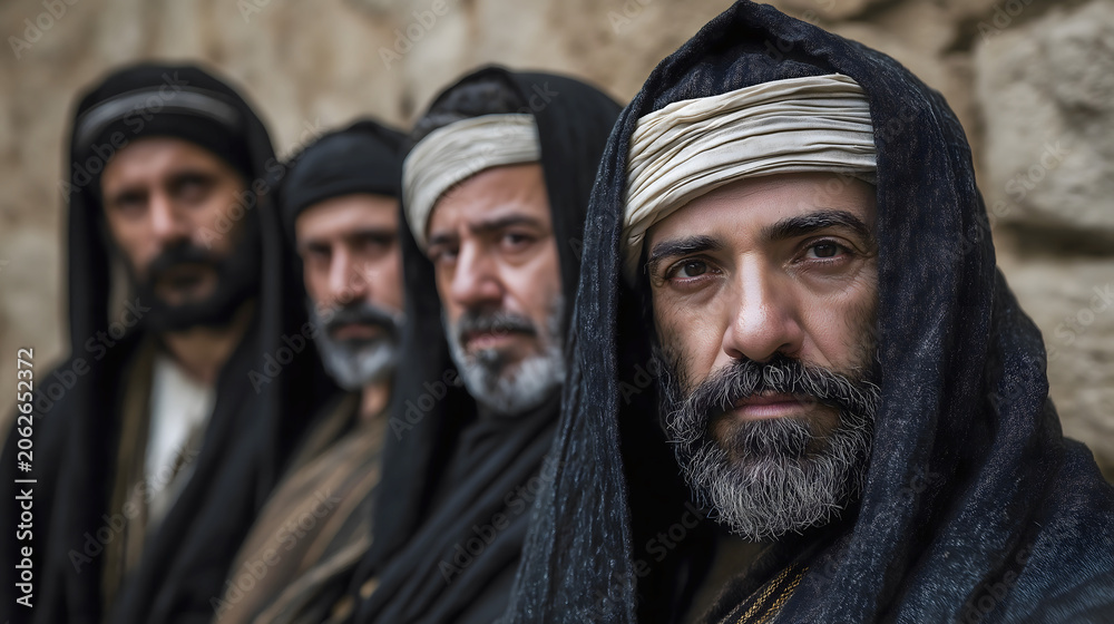 Obraz premium Dramatic Portrait of Ancient Pharisees in Traditional Biblical Clothing Against a Stone Wall