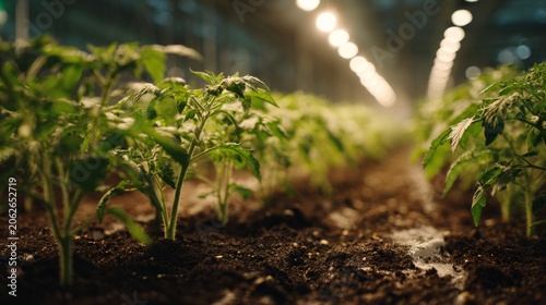 Growing tomato plants inside greenhouse under soft lights during evening hours