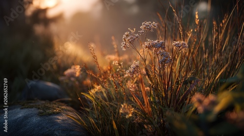 Wildflowers bloom at sunset in a grassy field with soft sunlight casting shadows