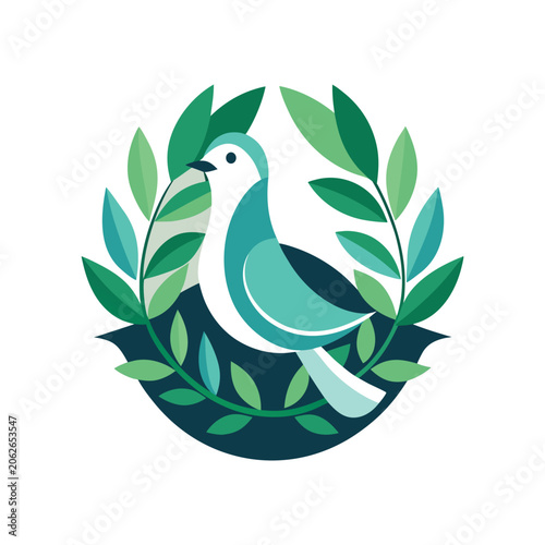 Dove, leafy wreath, eco friendly symbol, green logo