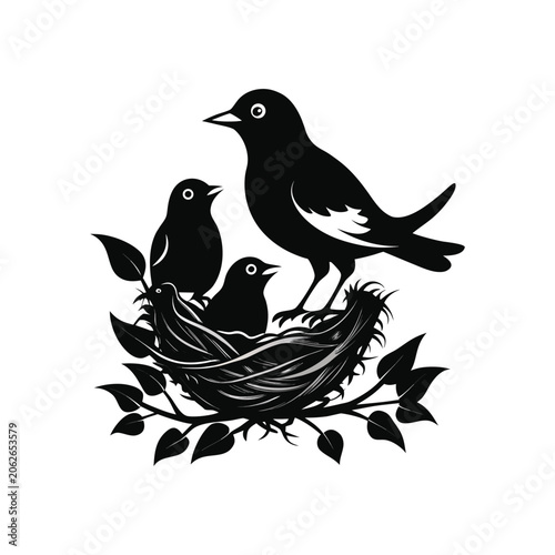 Birds in nest, black silhouette illustration, vector birds, nest with leaves