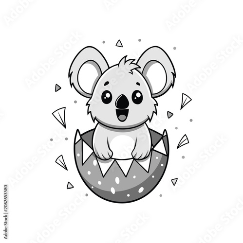 Cute Koala Vector, Koala Breaking Out Egg, Cartoon Koala Illustration, Black and White Animal Design