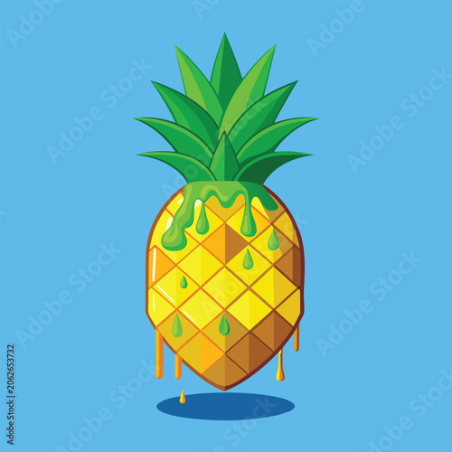 Pineapple, yellow fruit, tropical icon, green leaves, dripping juice