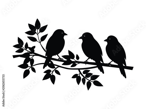 Black silhouette birds on branch, bird silhouettes, tree branch, nature icons, wildlife illustrations